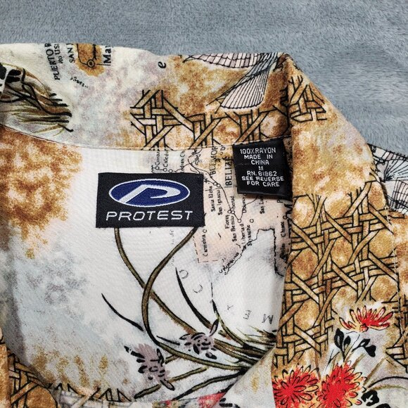 Protest Button Up Short Sleeve Shirt Oriental Map Theme Red Brown Tan Wm Sz M - Picture 3 of 9